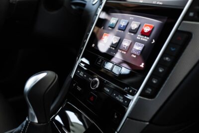 details of the car interior, black leather interior