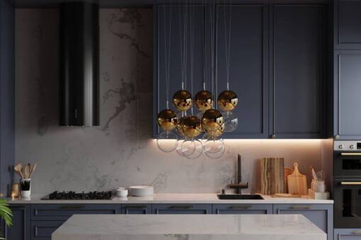 Modern kitchen showcases a sleek, minimalist design with deep blue cabinetry and a luxurious marble countertop on wooden flooring against a dark blue wall- 3D rendering