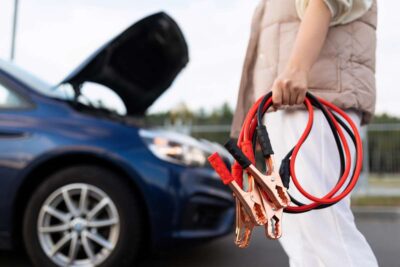 close-up of a car voltmeter in the hands of a woman against the background of a broken car.
